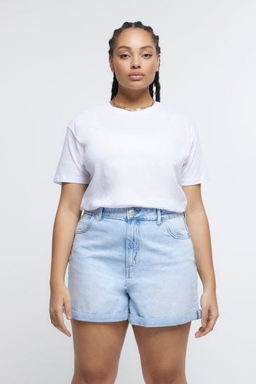 Buy River Island Blue Plus Denim Rolled Hem Mom Shorts from Next