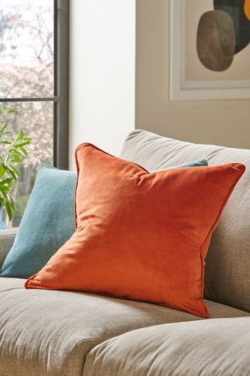 Buy Burnt Orange Large Square Feather Filled Soft Velour Cushion