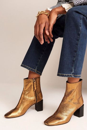 Boden Gold Block Heels Leather Ankle Boots