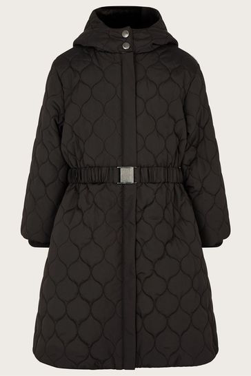 Monsoon Black Quilted Belted Longline Coat with Hood