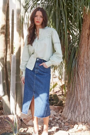 Another Sunday Denim Midi Skirt With Middle Seam Slit In Blue