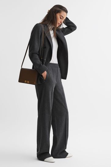 Reiss Grey Melange Iria Petite Wool Blend Wide Leg Suit Trousers