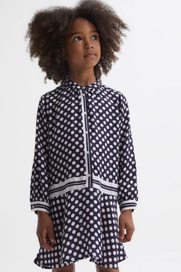 Reiss Navy Print Alex Junior Polka Dot Long Sleeve Dress