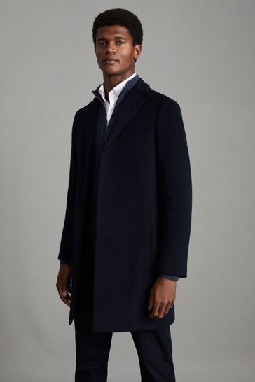 Reiss Navy Gable Wool Blend Single Breasted Epsom Overcoat
