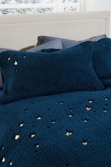 Navy Teddy Borg Fleece Embroidered Star Duvet Cover and Pillowcase Set