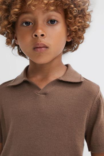 Reiss Brown Sugar Duchie Junior Merino Wool Open Collar Polo Shirt