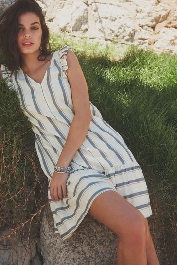 White Blue Stripe Ruffle Sleeve V Neck Linen Blend Summer Dress