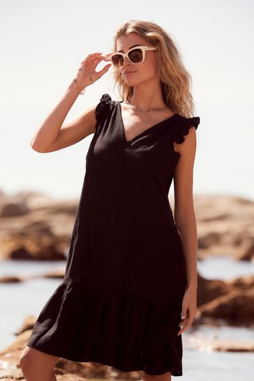 Black Ruffle Sleeve V Neck Linen Blend Summer Dress