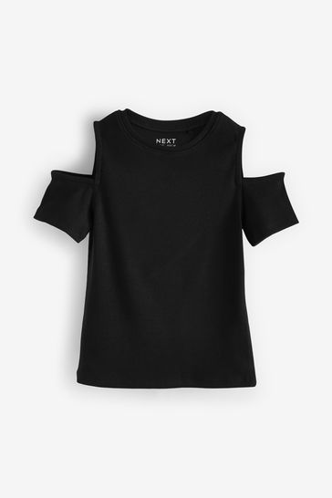 Black Cold Shoulder Rib T-Shirt (3-16yrs)