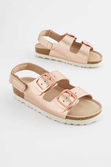 Rose Gold Leather Wide Fit (G) Two Strap Corkbed Sandals
