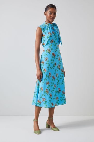 Blue silk online floral dress