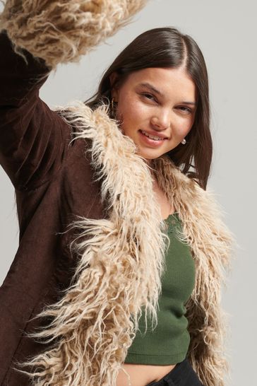 Buy Superdry Dark Brown Faux Fur Lined Longline Afghan Coat from