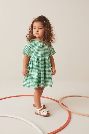 Green Embroidered Daisy Relaxed Cotton Dress (3mths-8yrs)