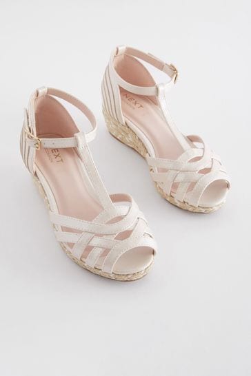 White Shimmer Woven Wedge Ankle Strap Sandals