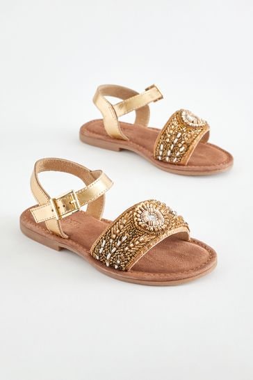 Gold Beaded Leather Occasion Sandals