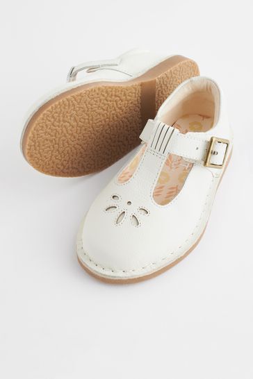 White Leather T Bar Shoes