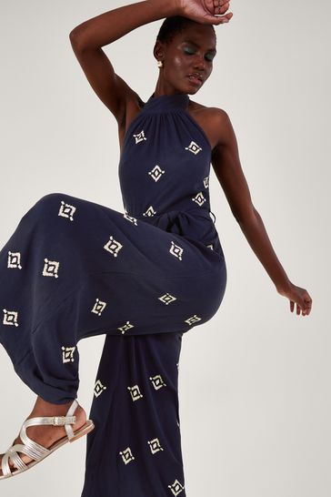 Blue halter neck jumpsuit outlet