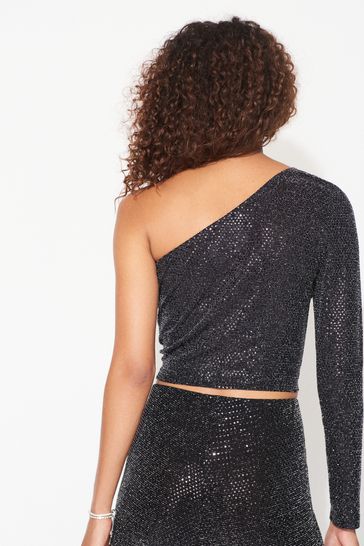 Black sequin one shoulder top shop