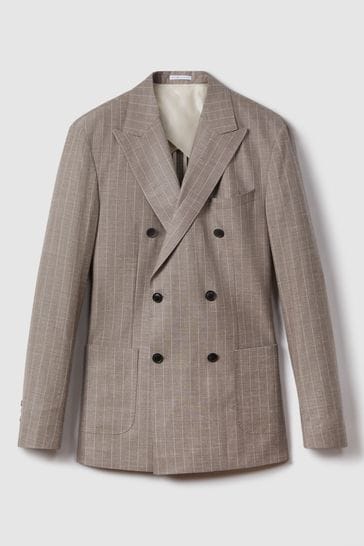 Reiss Mocha Epsom Slim Fit Wool Silk Linen Double Breasted Blazer
