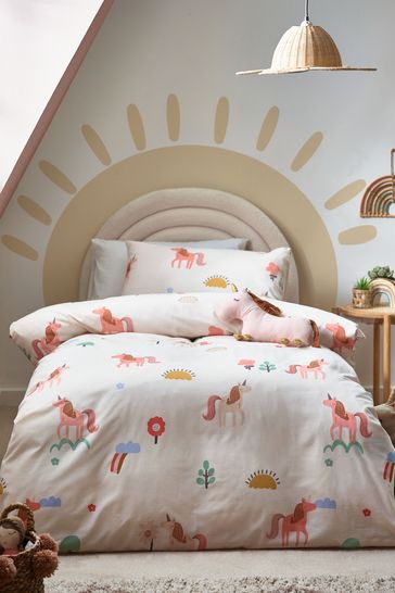 Natural Scandi Unicorn Printed Polycotton Duvet Cover and Pillowcase Bedding