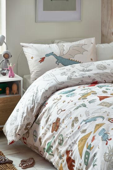 Ecru Natural Prehistoric Dino Land Duvet Cover and Pillowcase Set