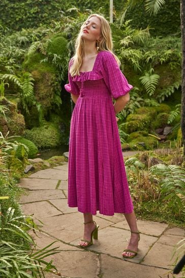 Another Sunday Ruffle Cheesecloth Midi Dress With Tassel Detail In Pink