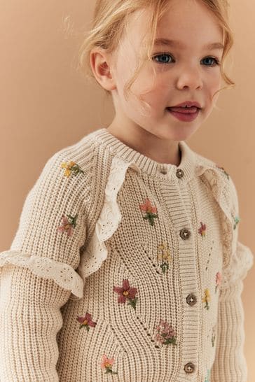 Ecru Cream Marl Broderie Frill Cardigan 3mths 7yrs
