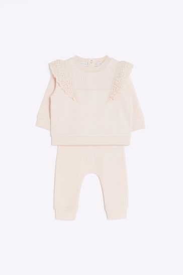 River Island Pink Girls Frill Broidery Sweatshirt Set