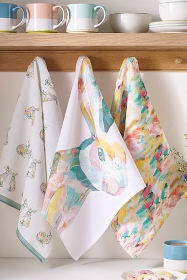 Set of 3 Yellow Bright Bunny Rabbit Tea Towels