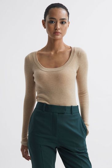 Reiss Neutral Sian Knitted Fitted Top