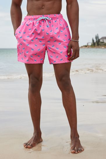 Bright Pink Mini Flamingo Regular Fit Printed Swim Shorts