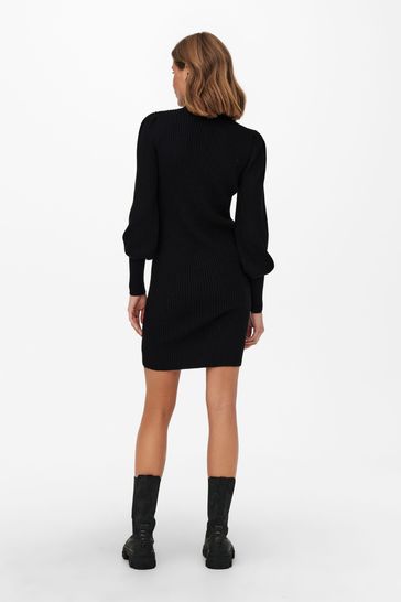 ONLY Black High Neck Puff Sleeve Knitted Jumper Dress