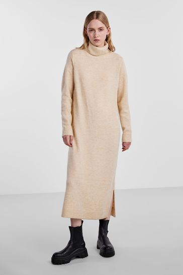PIECES Cream Roll Neck Knitted Midi Jumper Dress