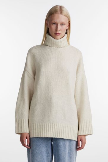 PIECES Cream Roll Neck Oversized Longline Knitted Jumper