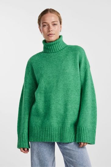 PIECES Green Roll Neck Oversized Longline Knitted Jumper