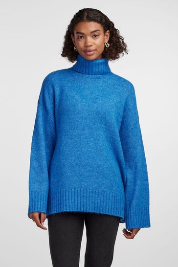 PIECES Blue Roll Neck Oversized Longline Knitted Jumper