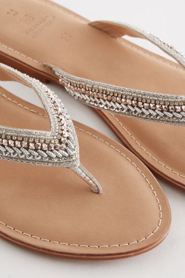 Silver Regular Wide Fit Forever Comfort Leather Embellished Toe Thong Sandals