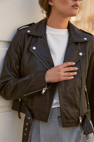 Belted leather cheap moto jacket