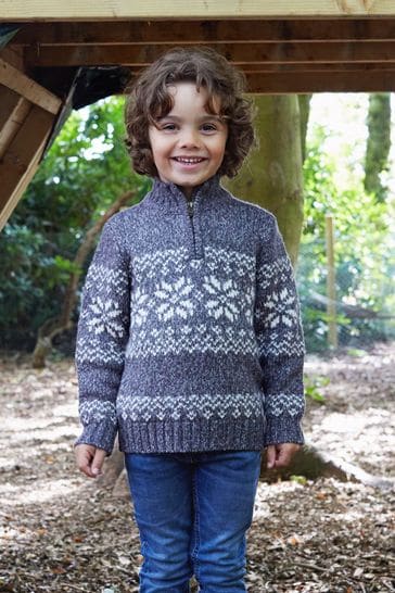 The Little Tailor Kids Grey Cosy Funnel Neck Fairisle Knitted Christmas Jumper