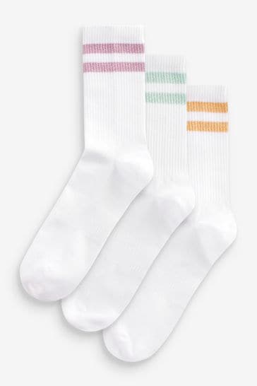White/Pastel Sparkle Rib Arch Support Ankle Socks 3 Pack