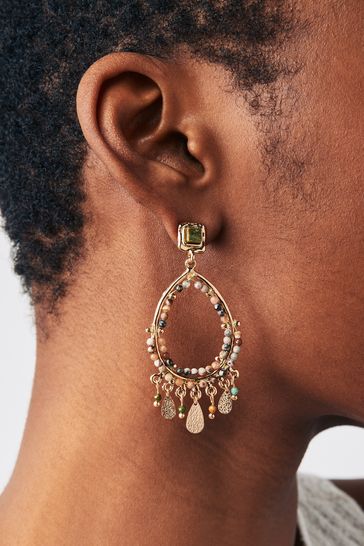 Gold Tone Teardrop Beaded Drop Earrings