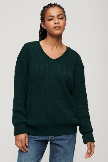 Superdry Green Oversized V-Neck Cable Knit Jumper