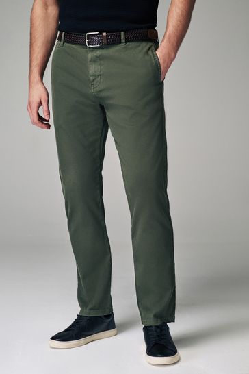 Green Slim Fit Textured Belted Trousers