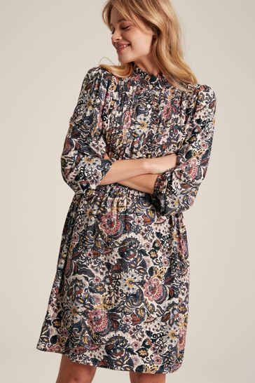 Joules Lucia Brown Floral Frill Neck Midi Dress