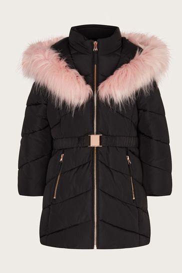 Monsoon Black/Pink Belted Faux Fur Hooded Coat