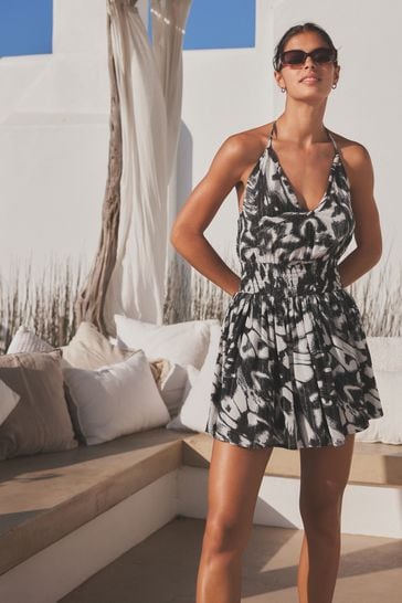 Black/White Halter Summer Skort Dress