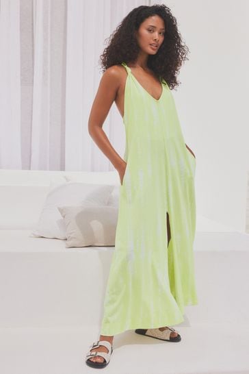 Lime Tie-Dye 100% Cotton Knot Summer Maxi Dress