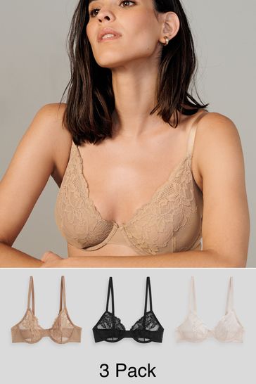 Black/Nude/Cream Non Pad Full Cup Lace Bras 3 Pack
