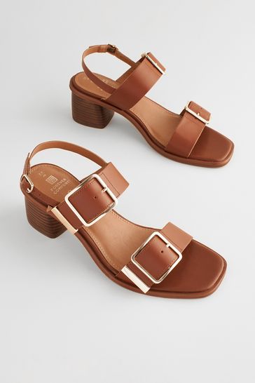 Tan Brown Forever Comfort Leather Buckle Block Heel Sandals