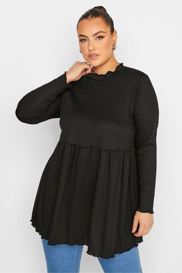 Yours Curve Black Limited Ribbed Peplum Top